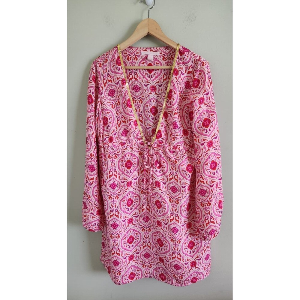 Victorias Secret Pink Silk Tunic top Sz M/L  Red Kaftan Vneck Coverup